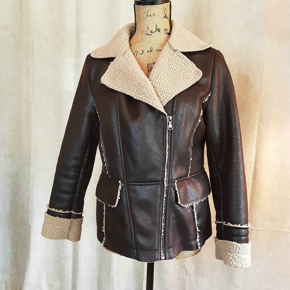 Women's Sherpa Lined Aviator Jacket Brown Faux Suede  Sz S